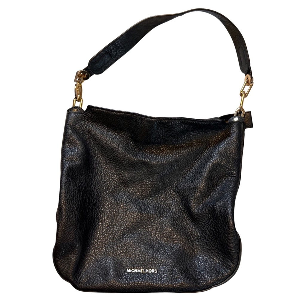 Michael Kors Fulton Black Pebbled Leather Shoulder Bag Gold Hardware
